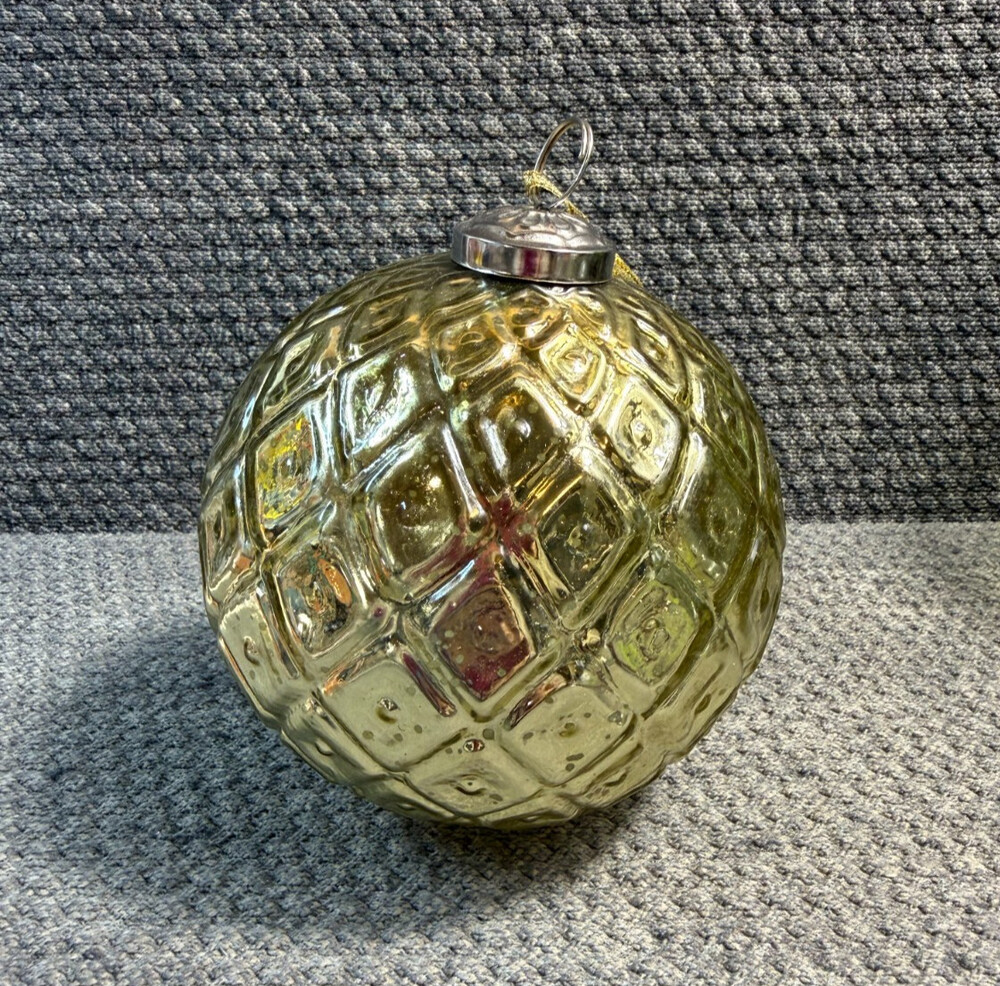 Kugel Style Gold Mercury Glass Ball Christmas Ornament 5" with Diamond Pattern